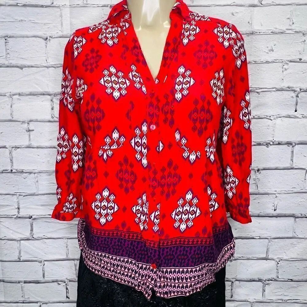 Anthropologie Maeve Womens Red Woodland Walk Geometric Print Blouse Top Size 2